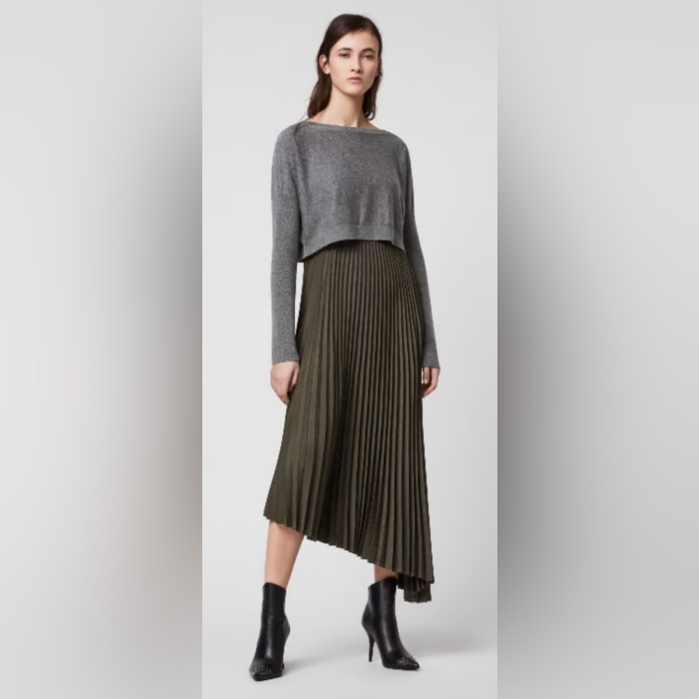 All Saints Olive Green Pleated Midi Skirt